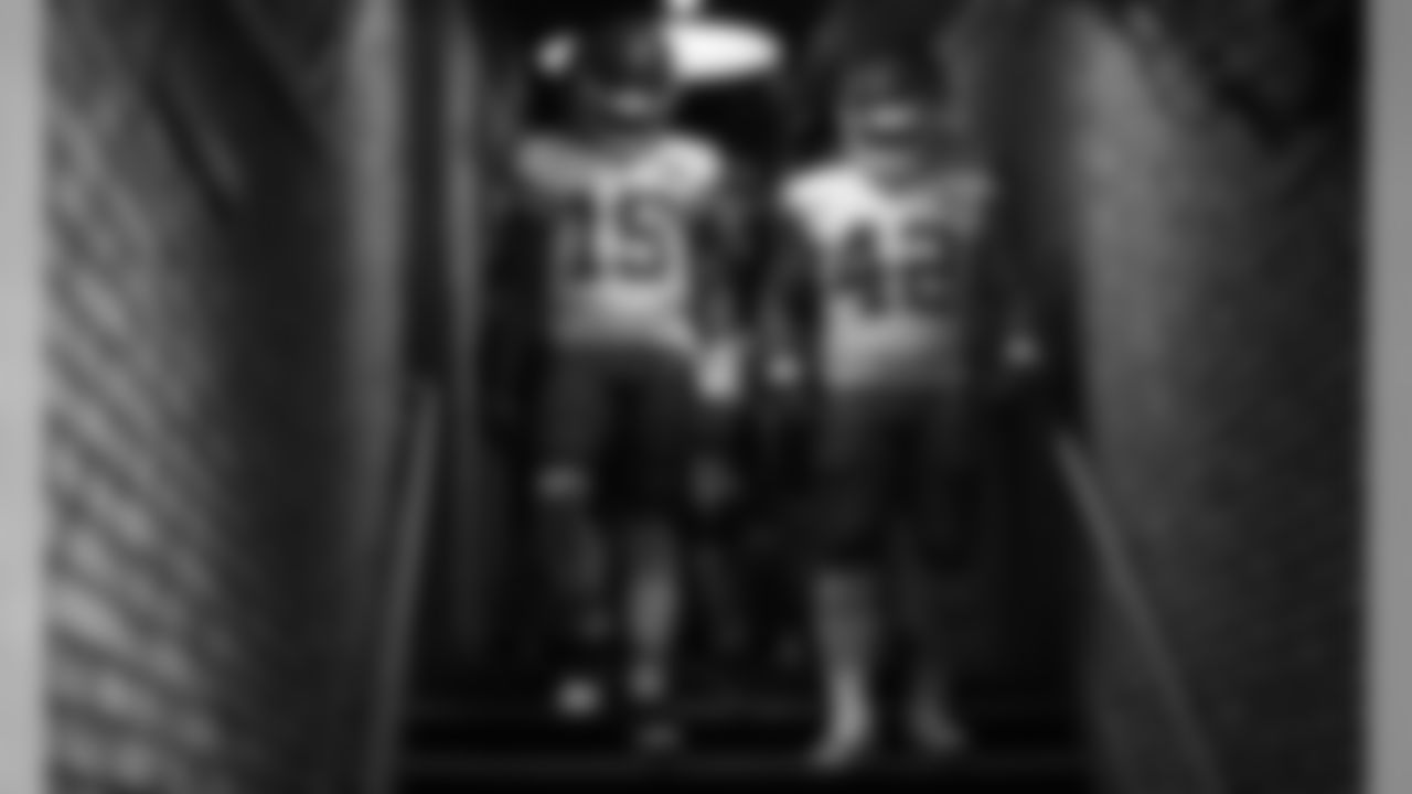 Kansas City Chiefs Quarterback Patrick Mahomes (15) and Fullback Anthony Sherman (42) in the tunnel during warmups before the game between the Kansas City Chiefs and the Oakland Raiders at Oakland-Alameda County Coliseum in Oakland, CA.
