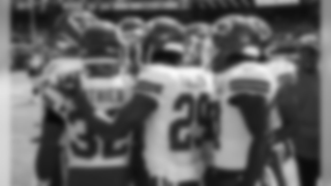 The Kansas City Chiefs defensive backs huddle during warmups before the game between the Kansas City Chiefs and the Oakland Raiders at Oakland-Alameda County Coliseum in Oakland, CA.