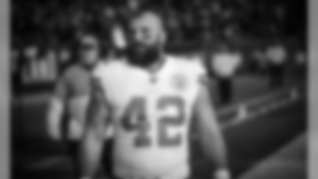 Kansas City Chiefs Fullback Anthony Sherman (42) prior to the game between the Kansas City Chiefs and the New England Patriots on December 8, 2019.