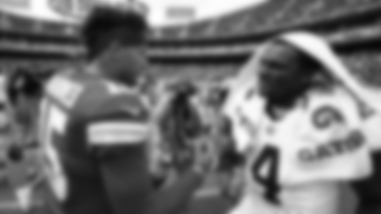 Kansas City Chiefs quarterback Patrick Mahomes (15) during postgame of the Chiefs preseason Week 3 matchup against the Cleveland Browns at GEHA Field at Arrowhead Stadium on Saturday, August 26, 2023.