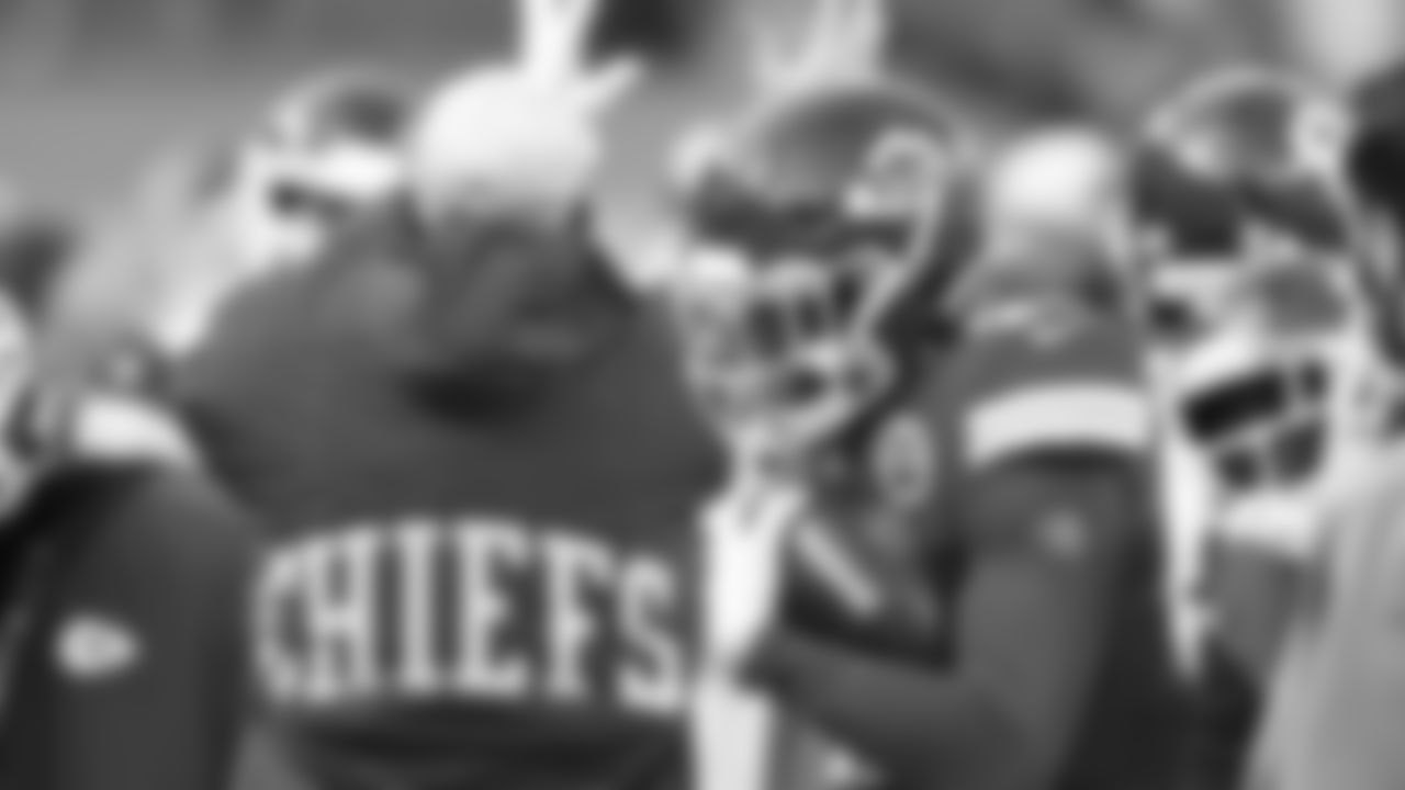Kansas City Chiefs Linebacker Darius Harris (47) celebrates on the bench after returning a fumble during an NFL Football game against the Atlanta Falcons, Sunday December 27, 2020 in Kansas City.