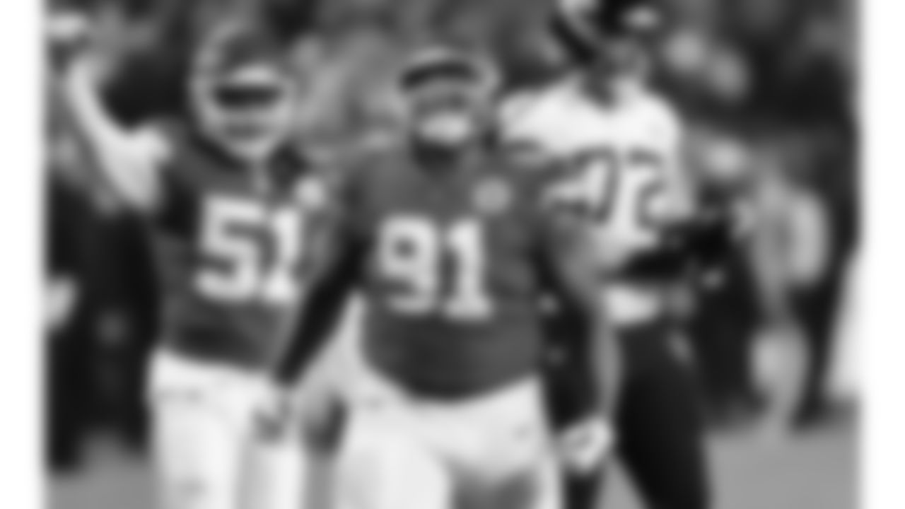 Kansas City Chiefs nose tackle Derrick Nnadi (91) celebrates a sack during an NFL football game against the Jacksonville Jaguars, Saturday January 21, 2023 in Kansas City.