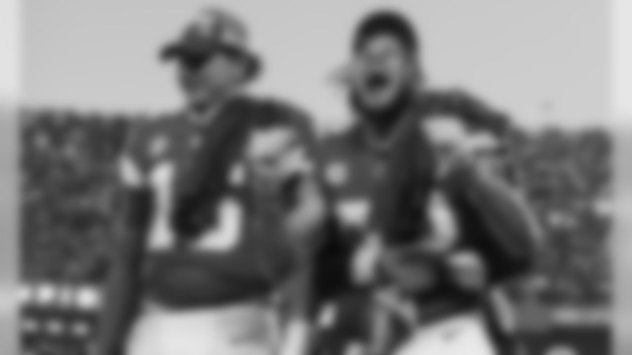 Kansas City Chiefs Quarterback Patrick Mahomes (15) Safety Tyrann Mathieu (32) after the AFC Championship football game between the Kansas City Chiefs and the Tennessee Titans at Arrowhead Stadium on January 19, 2020.