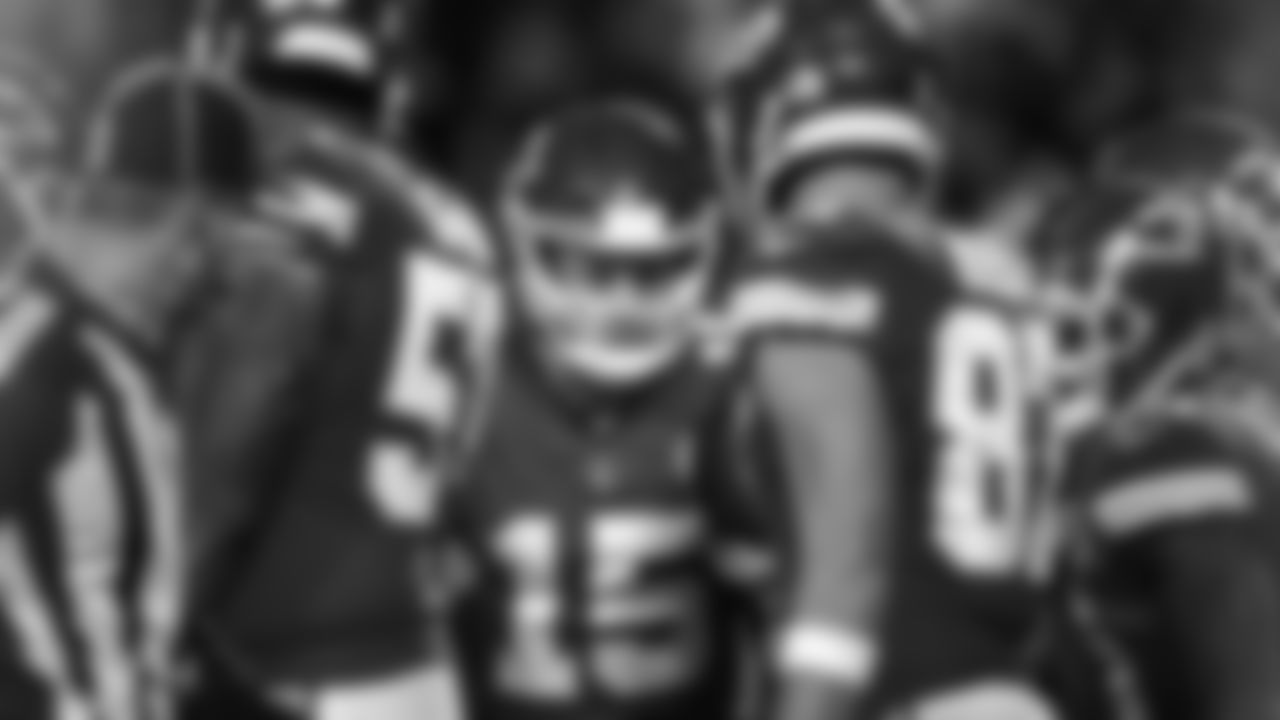 Kansas City Chiefs quarterback Patrick Mahomes (15) in the huddle during an NFL football game against the Dallas Cowboys, Sunday, November 21, 2021 in Kansas City. (Andrew Mather/Kansas City Chiefs via AP)