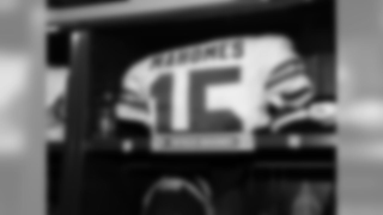 Kansas City Chiefs quarterback Patrick Mahomes' jersey in the locker room on 8/17/18 during Chiefs at Falcons in Mercedes-Benz Stadium.