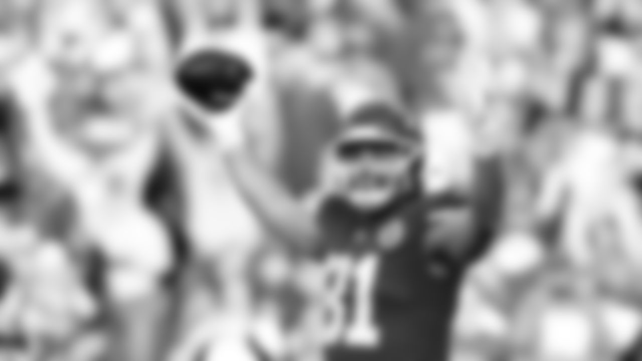 Kansas City Chiefs tight end Blake Bell (81) celebrates his first regular season touchdown during an NFL football game against the Denver Broncos, Sunday January 1, 2023 in Kansas City.