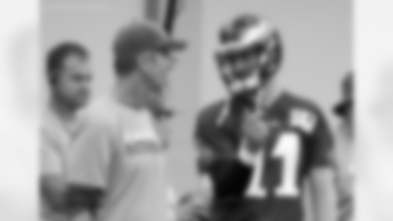 Philadelphia Eagles quarterback Carson Wentz, right, talks with offensive coordinator Frank Reich, left, during practice at NFL football training camp, Thursday, July 28, 2016, in Philadelphia. (AP Photo/Chris Szagola)