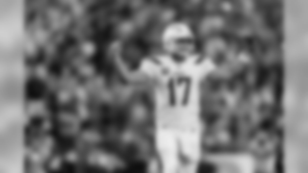 Los Angeles Chargers quarterback Philip Rivers (17) celebrates during an NFL football game against the Tennessee Titans, Sunday, Oct. 20, 2019, in Nashville, Tenn. The Titans defeated the Chargers, 23-20. (Ryan Kang via AP)
