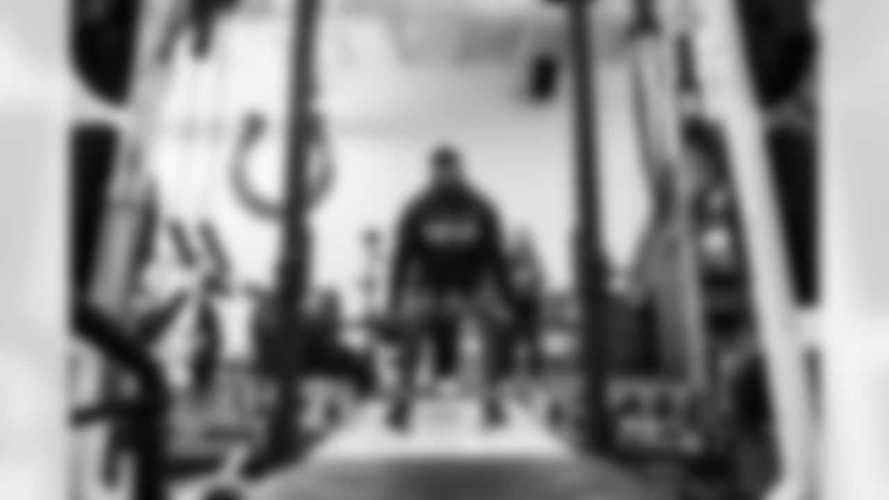 Players workout in the weight room on the first day back from the off-season.
94 DT/DE Tyquan Lewis,