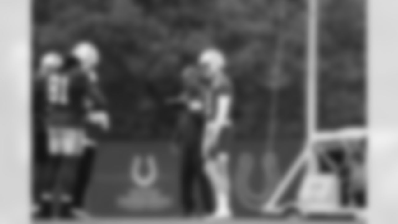81 TE Mo Alie-Cox, Indianapolis Colts Offensive Coordinator Marcus Brady, #2 QB Carson Wentz
