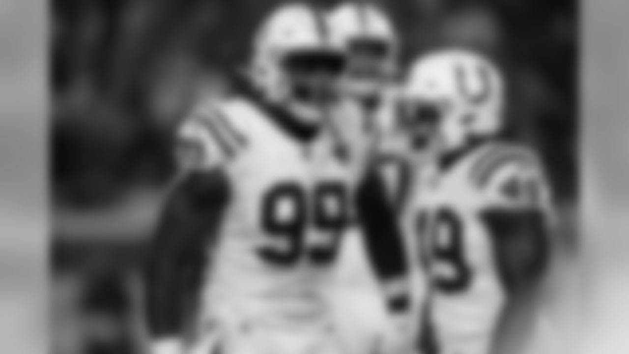 Indianapolis Colts defensive tackle Grover Stewart (90) celebrates during an NFL football game against the Kansas City Chiefs, Sunday, Oct. 6, 2019 in Kansas City, Mo. (Ryan Kang/NFL)