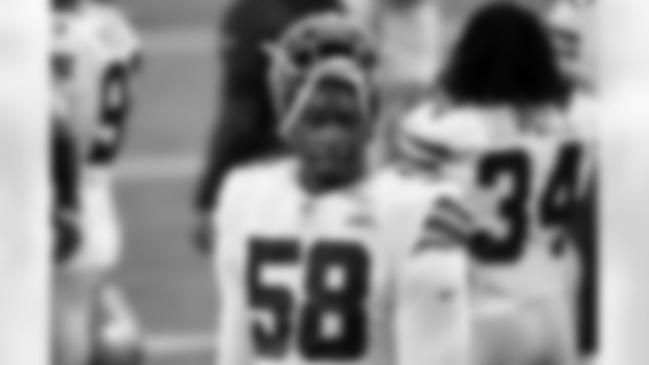 Dallas Cowboys defensive end Aldon Smith (58) looks on before the start of an NFL football game against the Minnesota Vikings, Sunday, Nov. 22, 2020, in Minneapolis. (AP Photo/David Berding)