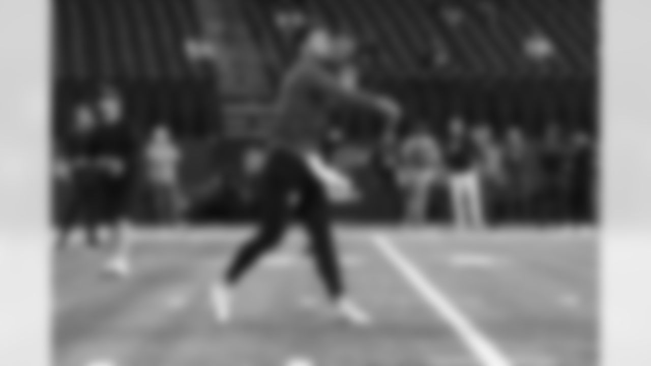 BYU quarterback Jaren Hall throws a pass during the 2023 Scouting Combine on Saturday, March 4, 2023 in Indianapolis, Indiana. (Kara Durrette/NFL)
