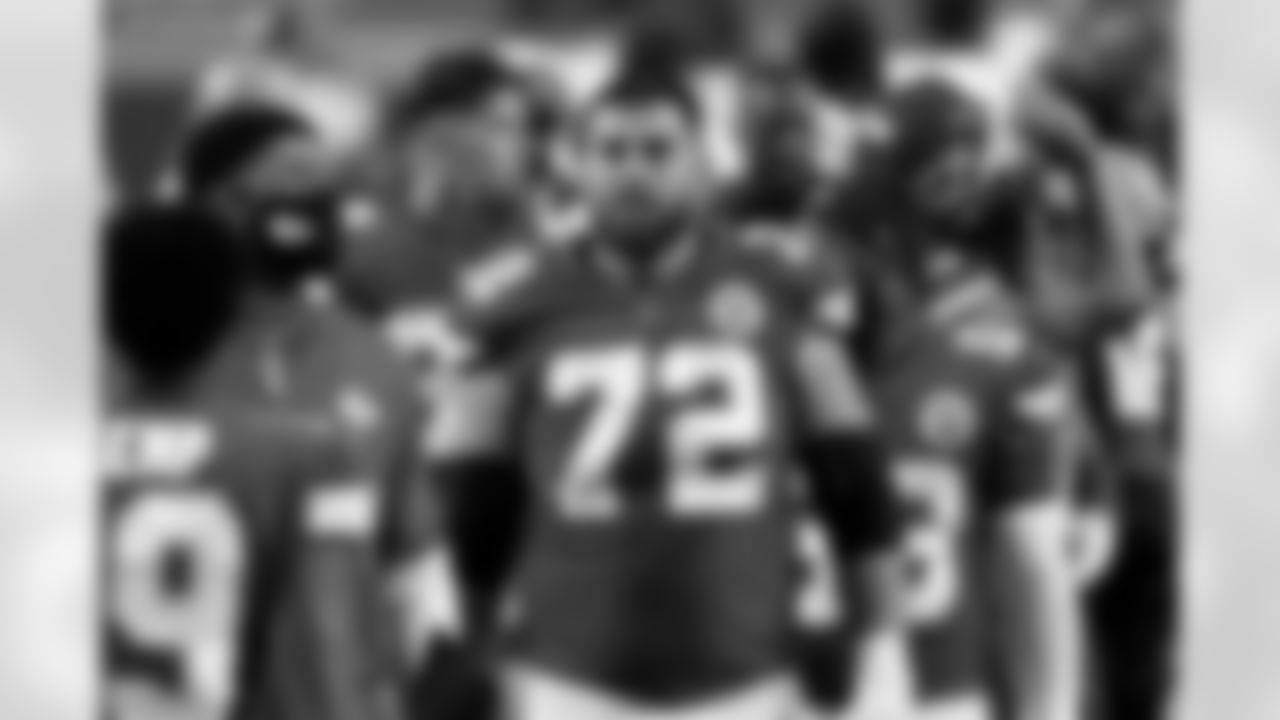 Kansas City Chiefs offensive tackle Eric Fisher (72) walks onto the field for an NFL football game against the Houston Texans Thursday, Sept. 10, 2020, in Kansas City, Mo. (AP Photo/Charlie Riedel)