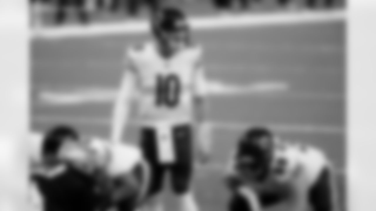 Chicago Bears quarterback Mitchell Trubisky (10) signals prior to the play at the line of scrimmage during an NFL wild-card playoff football game against the New Orleans Saints, Sunday, Jan. 10, 2021, in New Orleans. The Saints beat the Bears 21-9. (Cooper Neill via AP)
