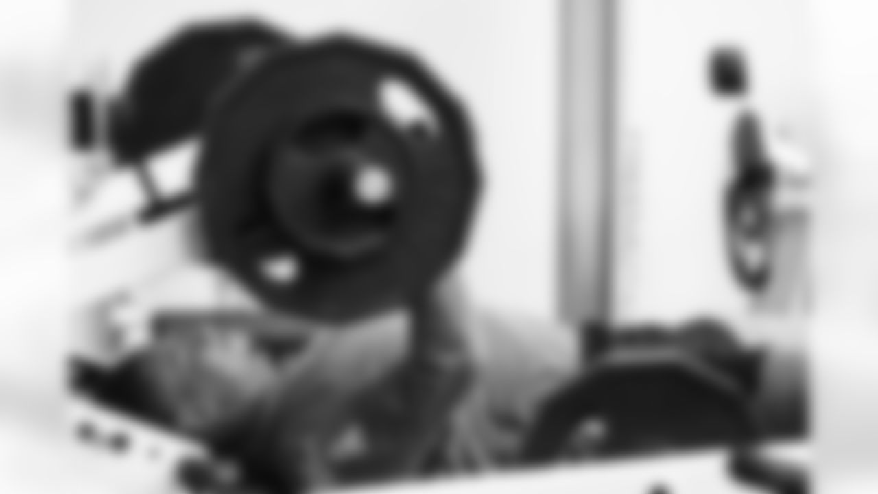85 TE Andrew Ogletree,
Players train in the weight room during Phase III of offseason workouts.