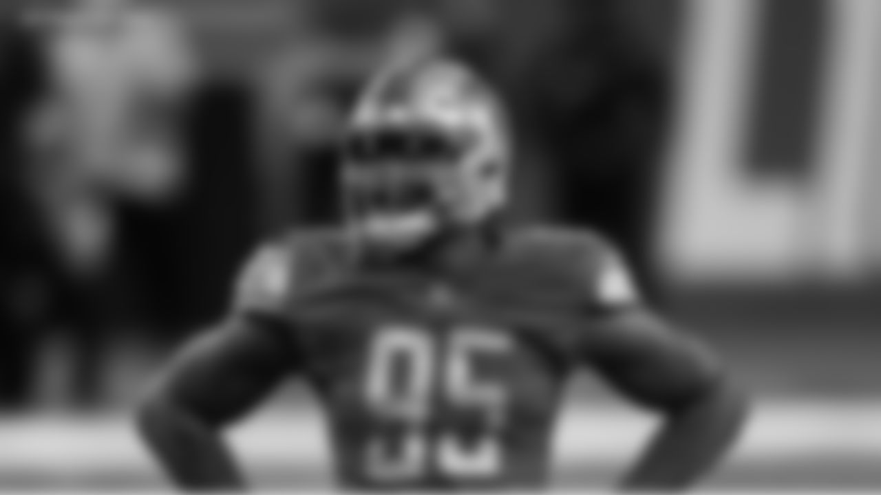 Detroit Lions defensive end Romeo Okwara waits on the play during the second half of an NFL football game against the Green Bay Packers, Sunday, Dec. 13, 2020, in Detroit. (AP Photo/Leon Halip)