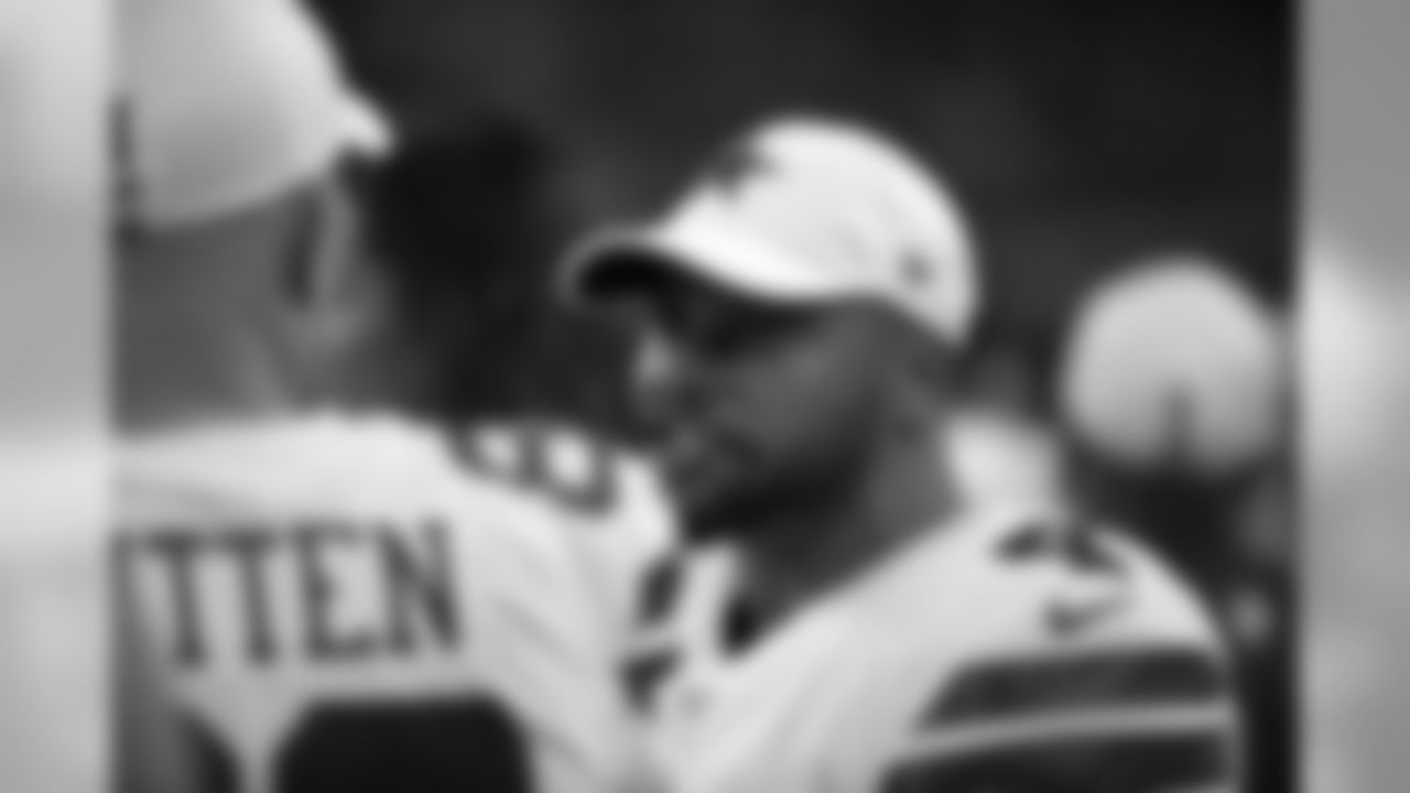 Dallas Cowboys' Jason Witten (82) talks with Dak Prescott, right, on the sideline in the second half of a preseason NFL football game against the Houston Texans in Arlington, Texas, Saturday, Aug. 24, 2019. (AP Photo/Ron Jenkins)