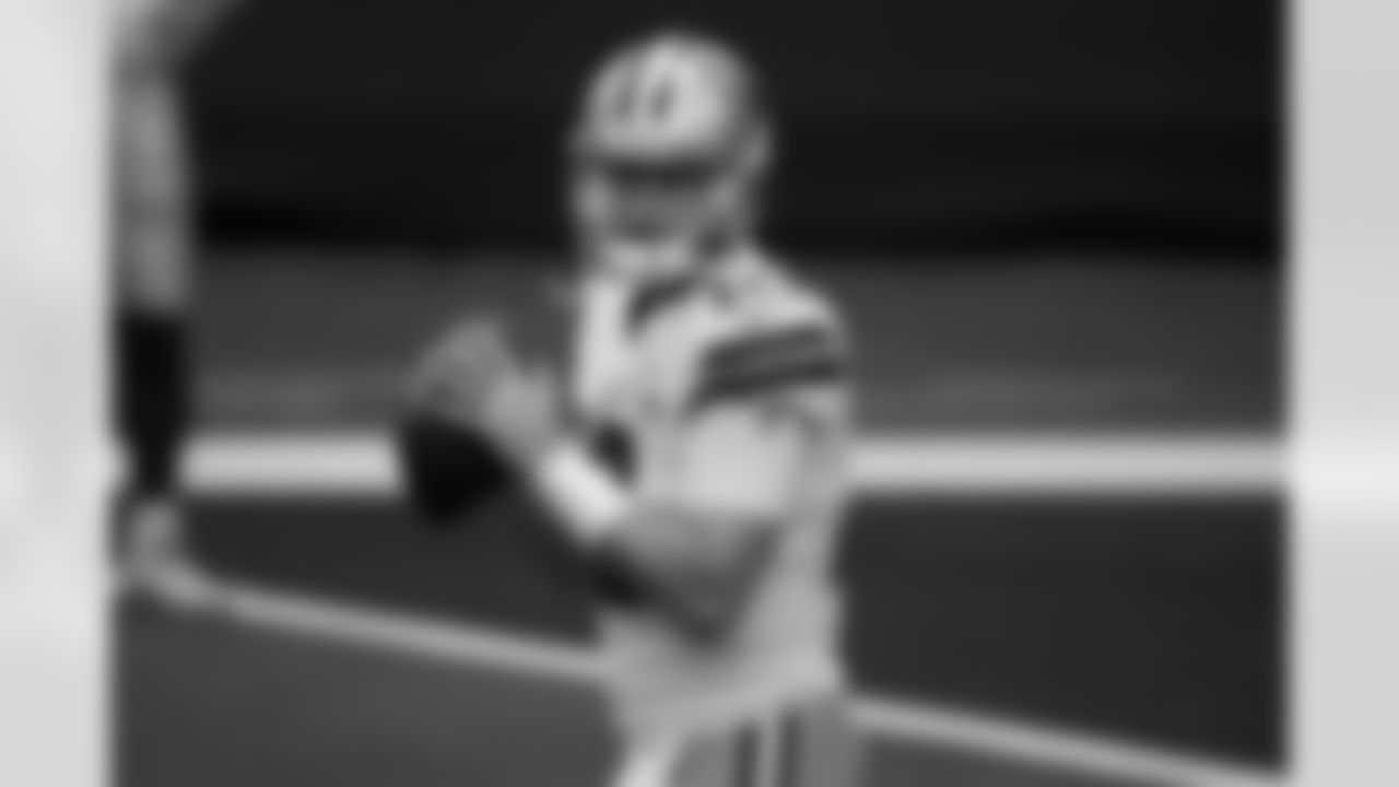 Dallas Cowboys quarterback Cooper Rush (10) warms up before an NFL football game against the Pittsburgh Steelers in Arlington, Texas, Sunday, Nov. 8, 2020. (AP Photo/Michael Ainsworth)