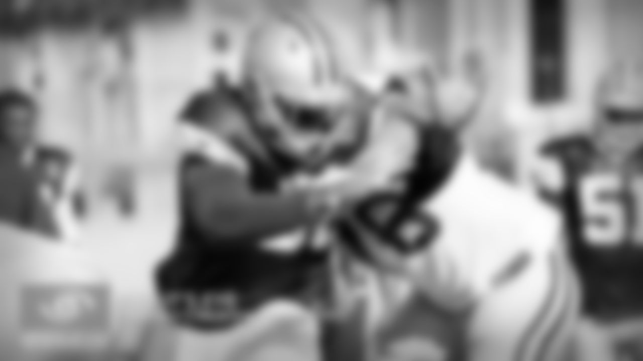 Nothing gets Rod Marinelli more excited as when one of his rushers plays with perfect technique. Marinelli is big on hand use and how it pertains to pass rush. Joe Jackson was textbook on his Compete Period rush against Mitch Hyatt. Jackson's hands beat Hyatt's hands inside and this left Hyatt's chest exposed. With those hands inside, Jackson was able to grab Hyatt and then quickly jerk him forward out of his stance. With no way for Hyatt to control Jackson, he was in trouble and the result was Jackson winning the rep with a powerful move that was quite impressive.