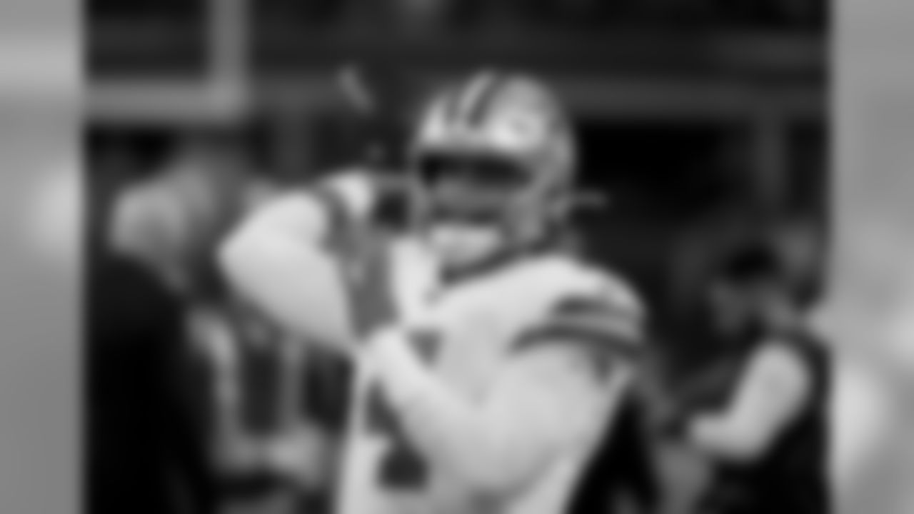 Dallas Cowboys quarterback Dak Prescott (4) throws a pass during warmups before an NFL football game against the Philadelphia Eagles in Arlington, Texas, Oct. 20, 2019. (AP Photo/Ron Jenkins)