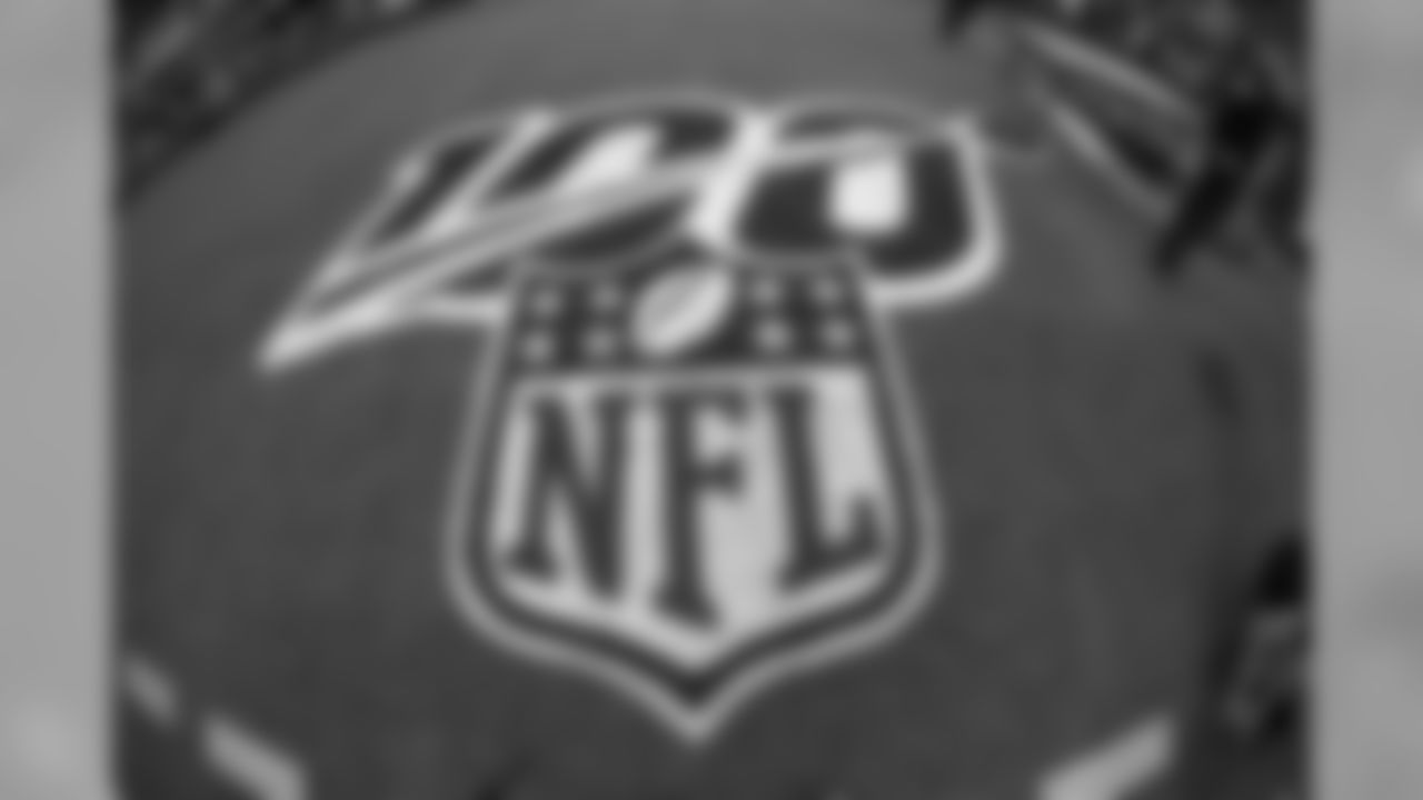 The 100th anniversary logo is shown on the field sideline before a NFL football game between the New York Giants and Dallas Cowboys in Arlington, Texas, Sunday, Sept. 8, 2019. (AP Photo/Ron Jenkins)
