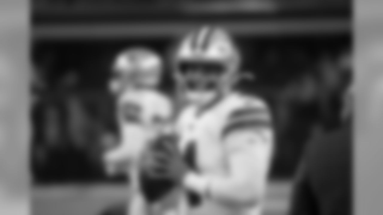 Dallas Cowboys quarterback Dak Prescott (4) warms up before an NFL football game against the Buffalo Bills in Arlington, Texas, Thursday, Nov. 28, 2019. (AP Photo/Ron Jenkins)