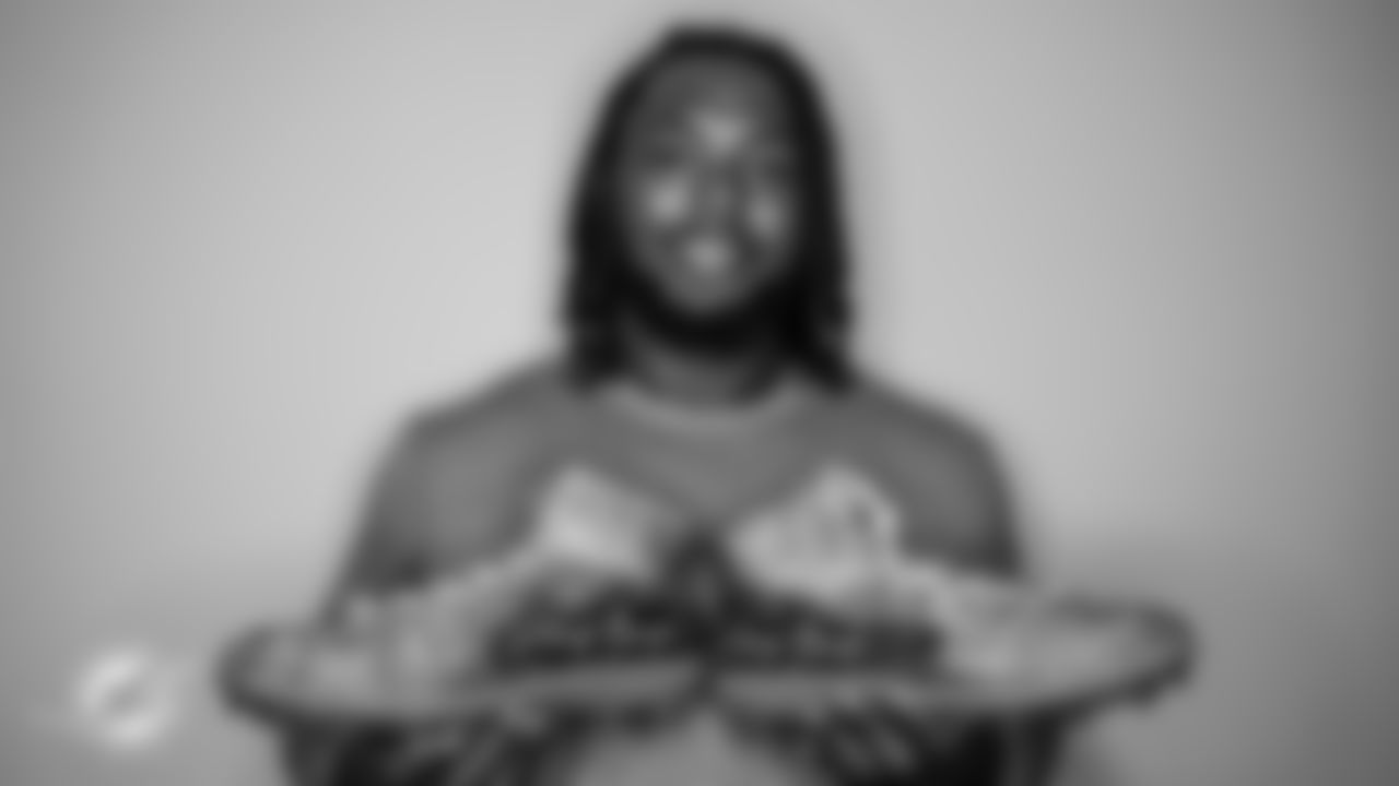 Miami Dolphins defensive lineman Adam Butler (70) during My Cause My Cleats unboxing, Monday, Nov. 29, 2021, in Miami Gardens, Fla. (Carlos Goldman/Miami Dolphins)