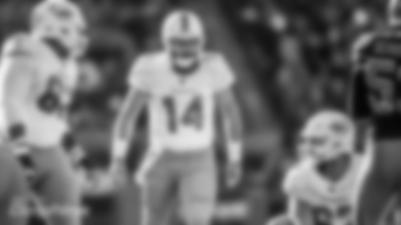 Quarterback Ryan Fitzpatrick (14) audibles during an NFL week 12 football game against the Cleveland Browns at First Energy Stadium in Cleveland, Ohio on Sunday, November 24th, 2019. (Miami Dolphins)