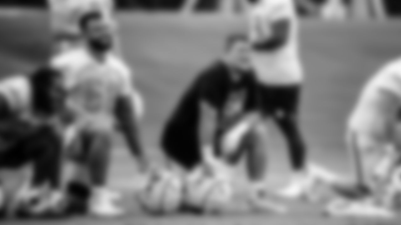 Miami Dolphins guard/tackle Robert Hunt (68), offensive lineman Connor Williams (58) and center/guard Michael Deiter (63) during an OTA Thursday, May 19th, 2022 in Miami Gardens, Fla. (Peter McMahon/Miami Dolphins via AP)