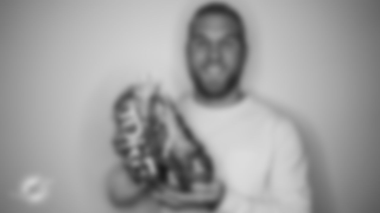 Miami Dolphins longsnapper Blake Ferguson (44) during My Cause My Cleats unboxing, Monday, Nov. 29, 2021, in Miami Gardens, Fla. (Carlos Goldman/Miami Dolphins)