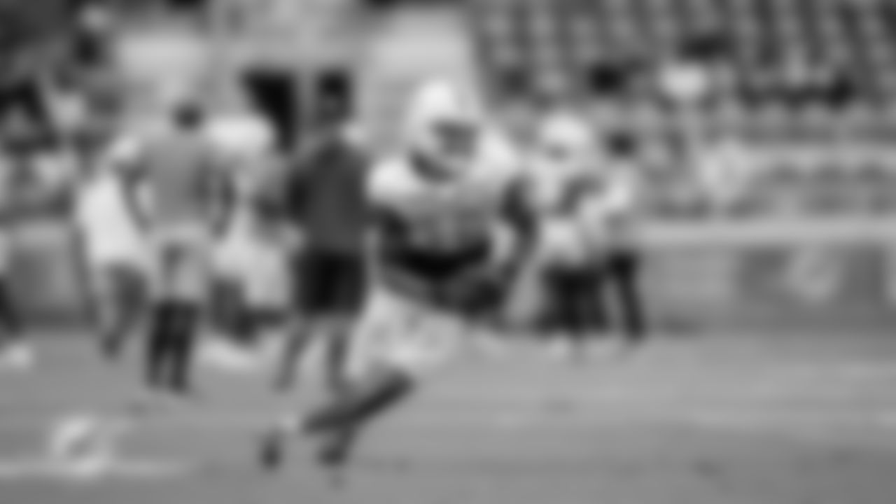 ÅÝܽÊÓÆµ Dolphins wide receiver Erik Ezukanma (18) runs the ball during the NFL team's training camp, Tuesday, Aug. 1, 2023, in ÅÝܽÊÓÆµ Gardens, Fla. (Brennan Asplen/ÅÝܽÊÓÆµ Dolphins)