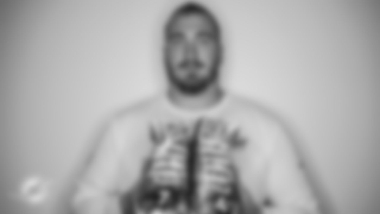 Miami Dolphins offensive tackle Liam Eichenberg (74) during My Cause My Cleats unboxing, Monday, Nov. 29, 2021, in Miami Gardens, Fla. (Carlos Goldman/Miami Dolphins)