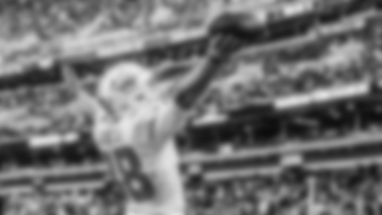 Tight End Mike Gesicki (88) celebrates a touchdown during an NFL week 12 football game against the Cleveland Browns at First Energy Stadium in Cleveland, Ohio on Sunday, November 24th, 2019. (Miami Dolphins)