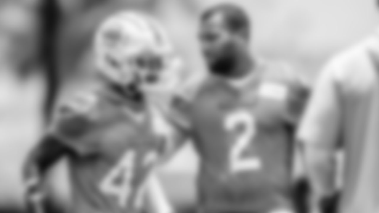 Miami Dolphins cornerback Bryce Thompson (42) and linebacker Bradley Chubb (2) during OTA's at the Baptist Health Training complex on Tuesday, May 23rd, 2023 in Miami Gardens, Fla. (Brennan Asplen/Miami Dolphins)