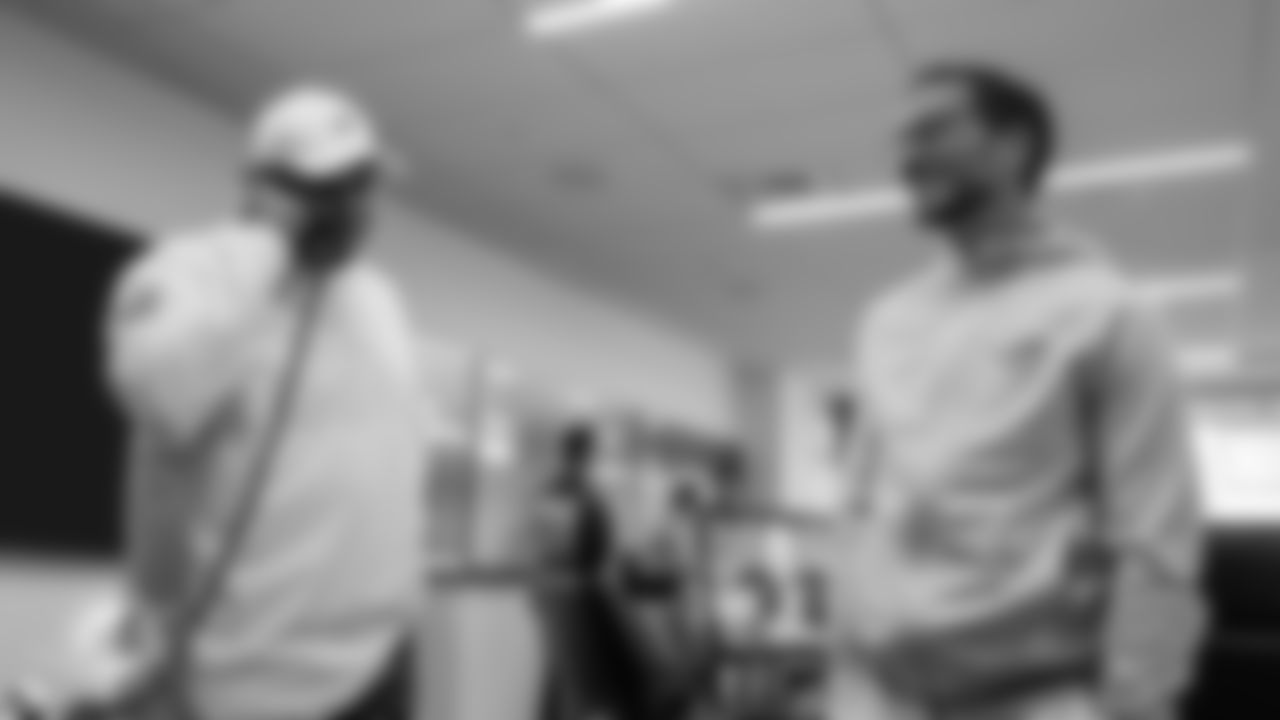 Miami Dolphins general manager Chris Grier and Miami Dolphins head coach Mike McDaniel in the Miami Dolphins Draft Room Saturday, Apr. 30th, 2022 in Miami Gardens, Fla. (Peter McMahon/Miami Dolphins via AP)