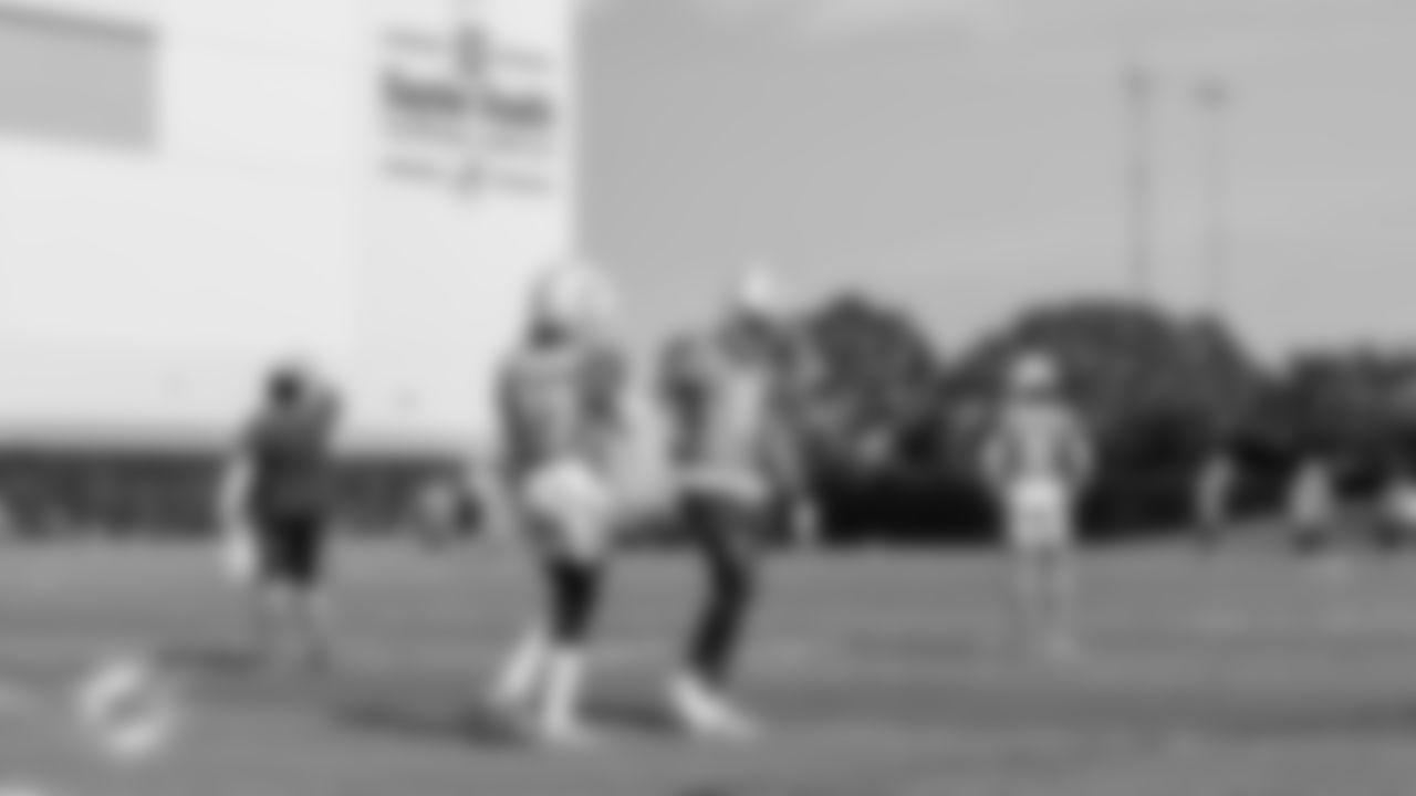 Miami Dolphins safety Jevon Holland (8) defensive back Keion Crossen (27) during practice at the Baptist Health Training complex on Wednesday, Nov 30th, 2022 in Miami Gardens, Fla. (Brennan Asplen/Miami Dolphins)