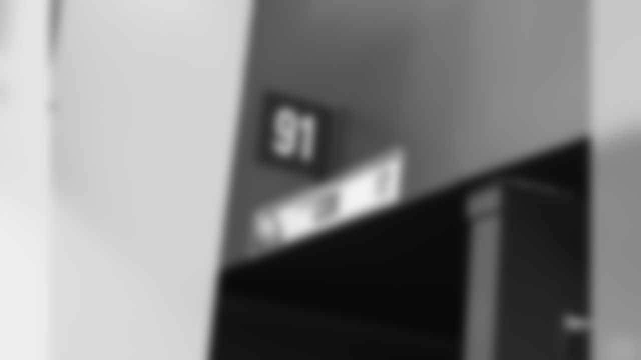 The nameplate with the number for first-round pick Fletcher Cox