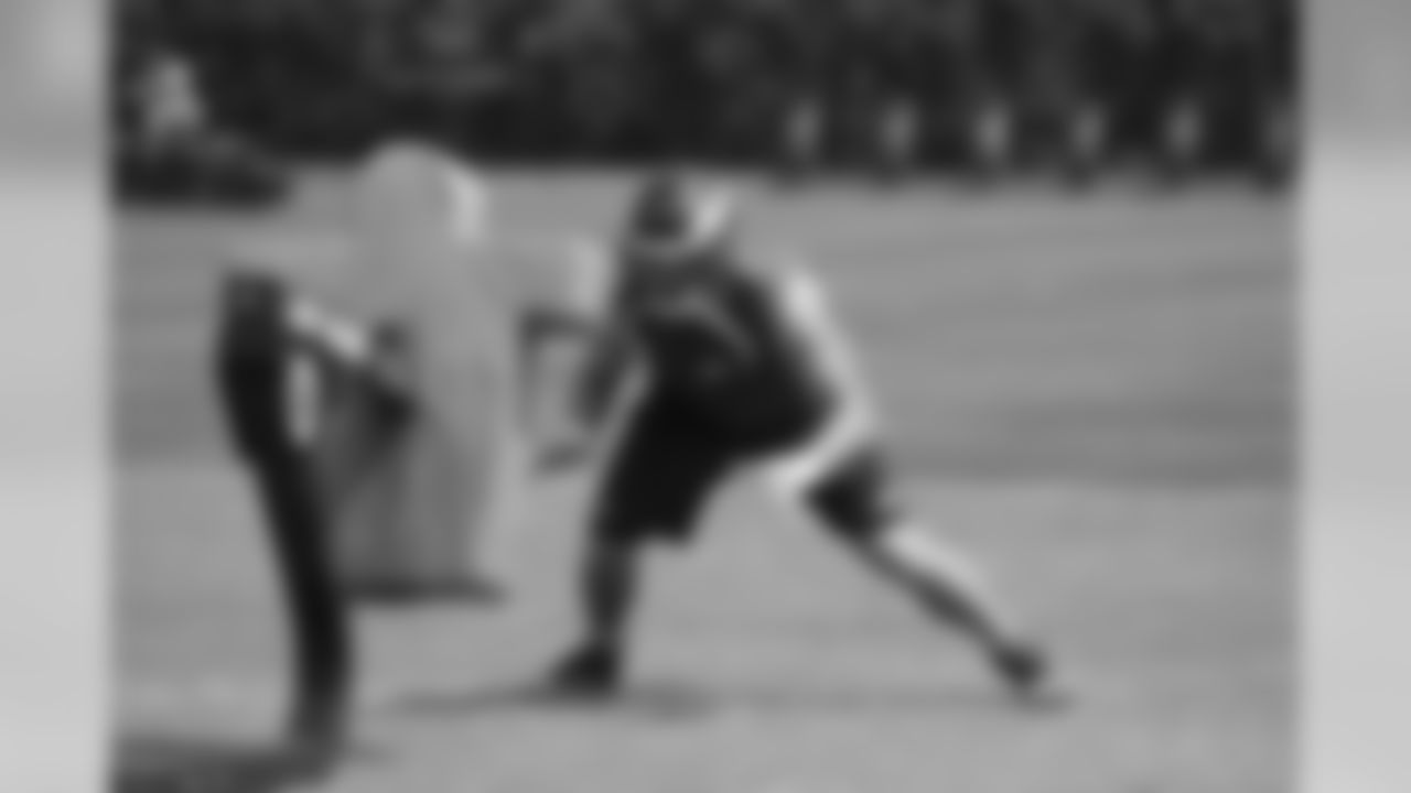 TE Brent Celek hits the sleds after practice