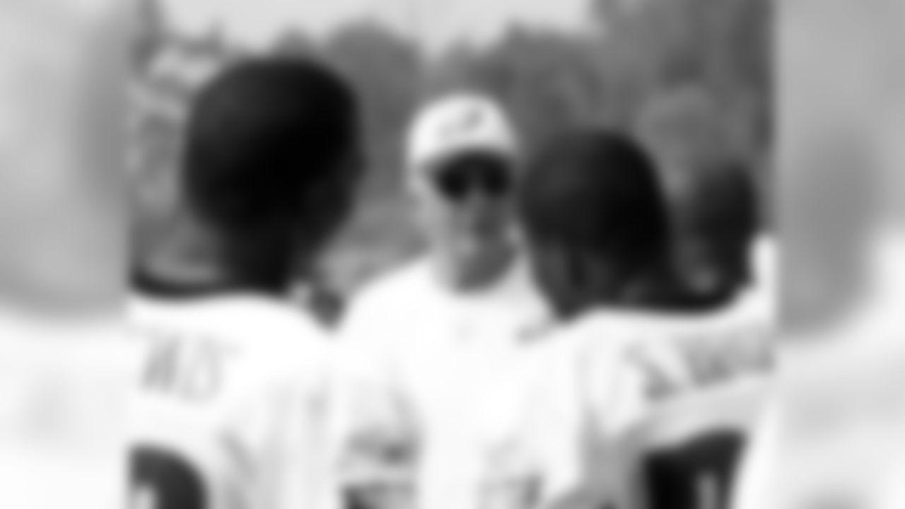 Defensive coordinator Jim Johnson talks with his group