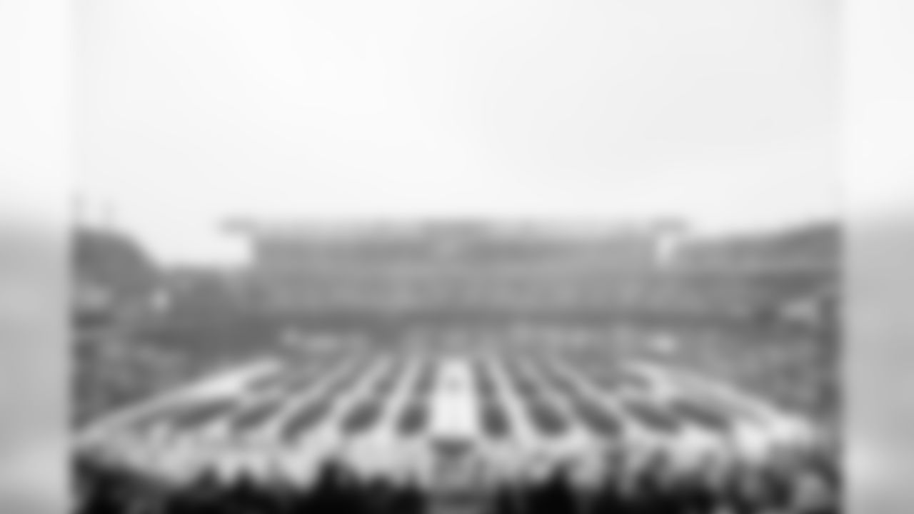 The marching band playing through the snow at Lincoln Financial Field.