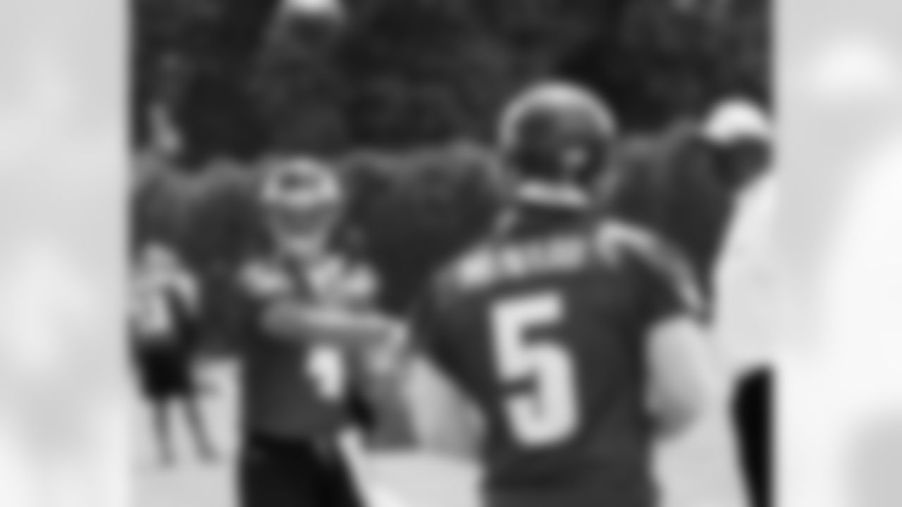 QBs Kevin Kolb and Donovan McNabb toss the ball to one another during individual drills on June 12