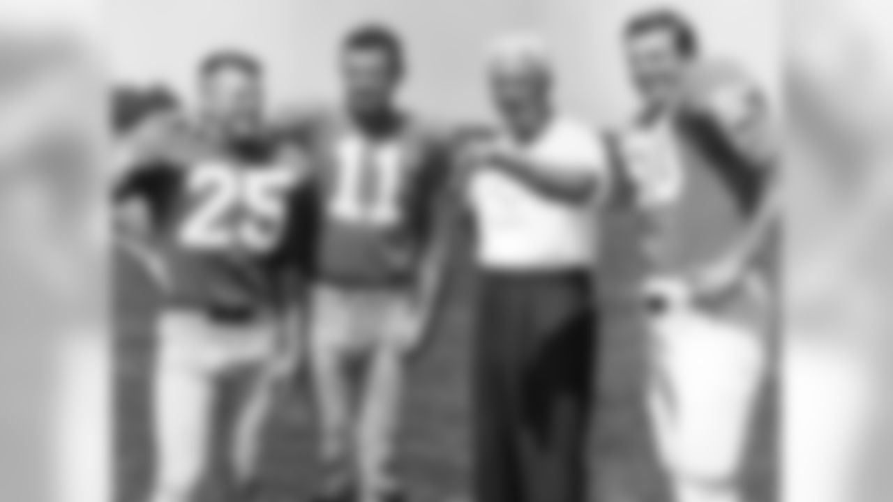 Coach Buck Shaw with Tommy McDonald, Norm Van Brocklin and Chuck Bednarik in Hershey, PA. 1960