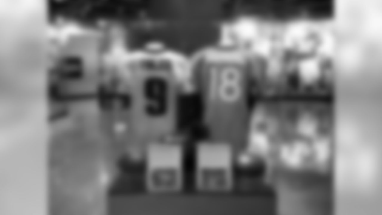 Foles' equipment is displayed alongside gear belonging to Peyton Manning, who also threw for seven touchdowns in Week 1