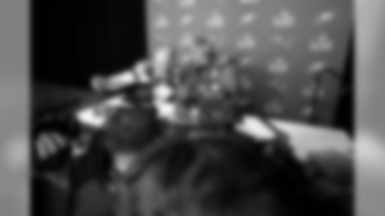 DT Fletcher Cox wearing a luchador mask during his time with the media.