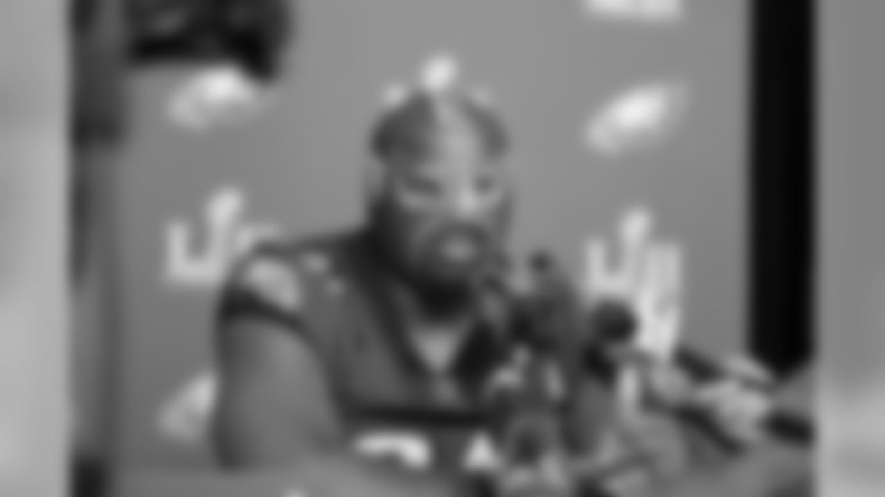 DT Fletcher Cox wearing a luchador mask during his time with the media.