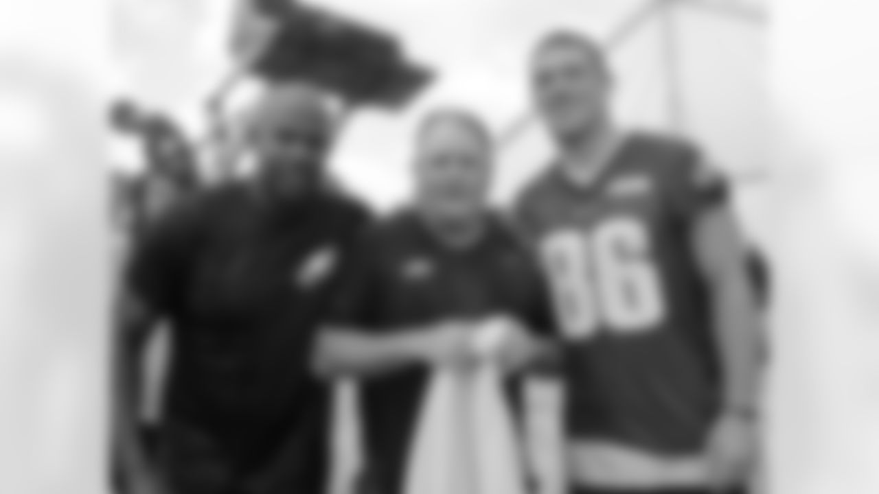 Eagles assistant defensive backs coach Todd Lyght, head coach Chip Kelly and TE Zach Ertz