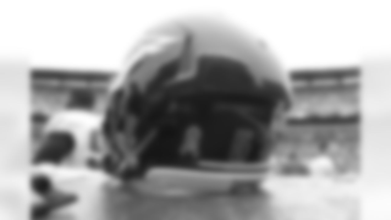 Breast Cancer Awareness ribbon on the back of DE Brandon Graham's helmet