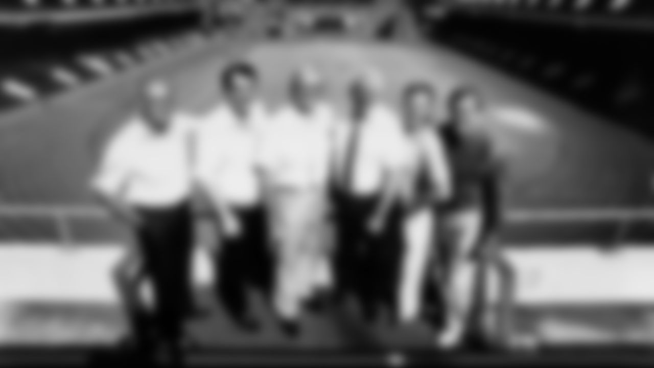 Pete Retzlaff (far left) with teammates Bob Pellegrini, Chuck Bednarik, Dick Lucas, Tommy McDonald, and Tom Brookshier at Franklin Field in 1990