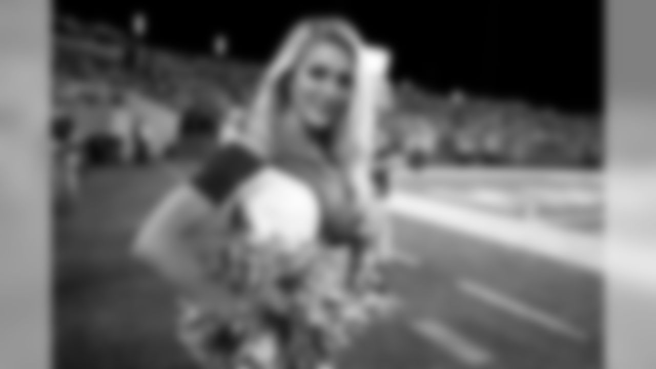 Cheerleaders perform during the game between the Atlanta Falcons and the Denver Broncos at Tom Benson Hall of Fame Stadium in Canton, Ohio, on Thursday August 1, 2019. (Photo by Kara Durrette/Atlanta Falcons)